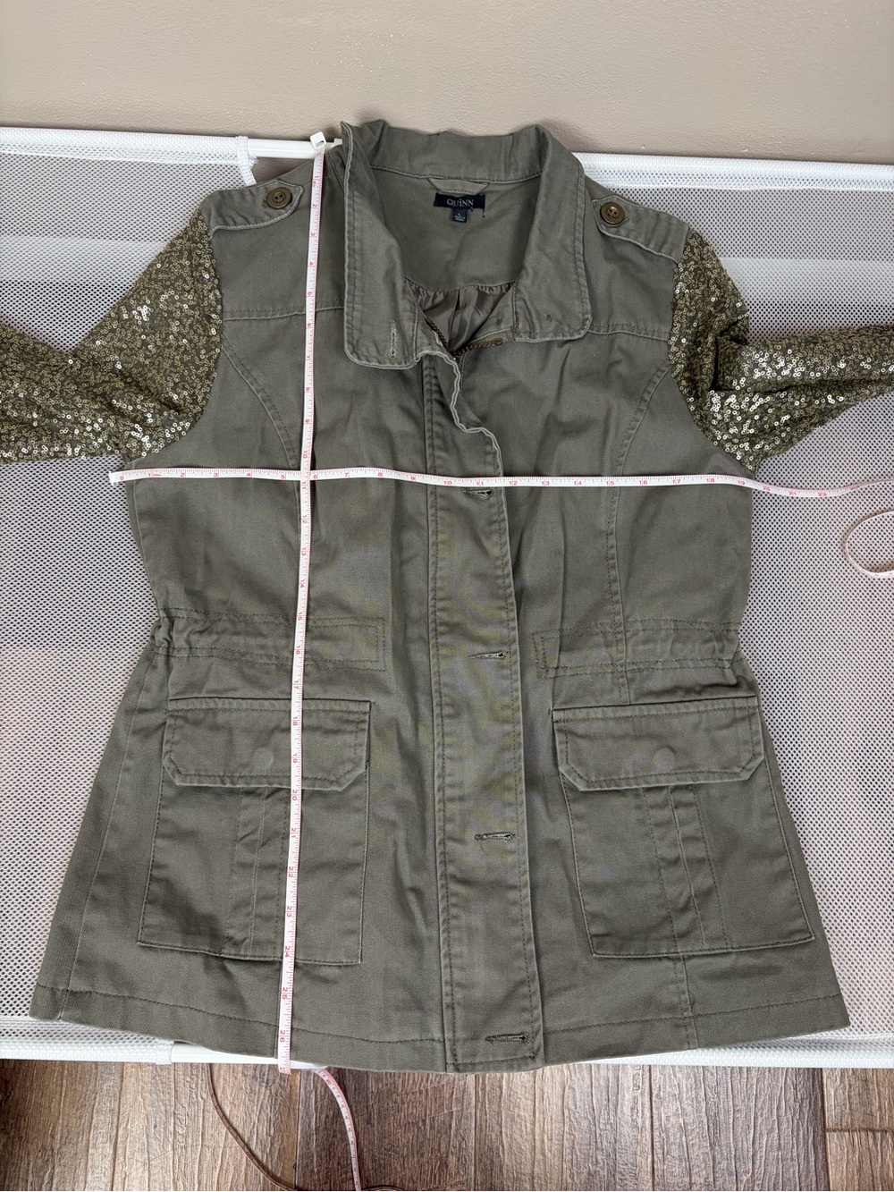 Quinn Olive Green Utility Jacket Sequin Sleeves Snap Pockets Military Anorak L - Picture 15 of 16